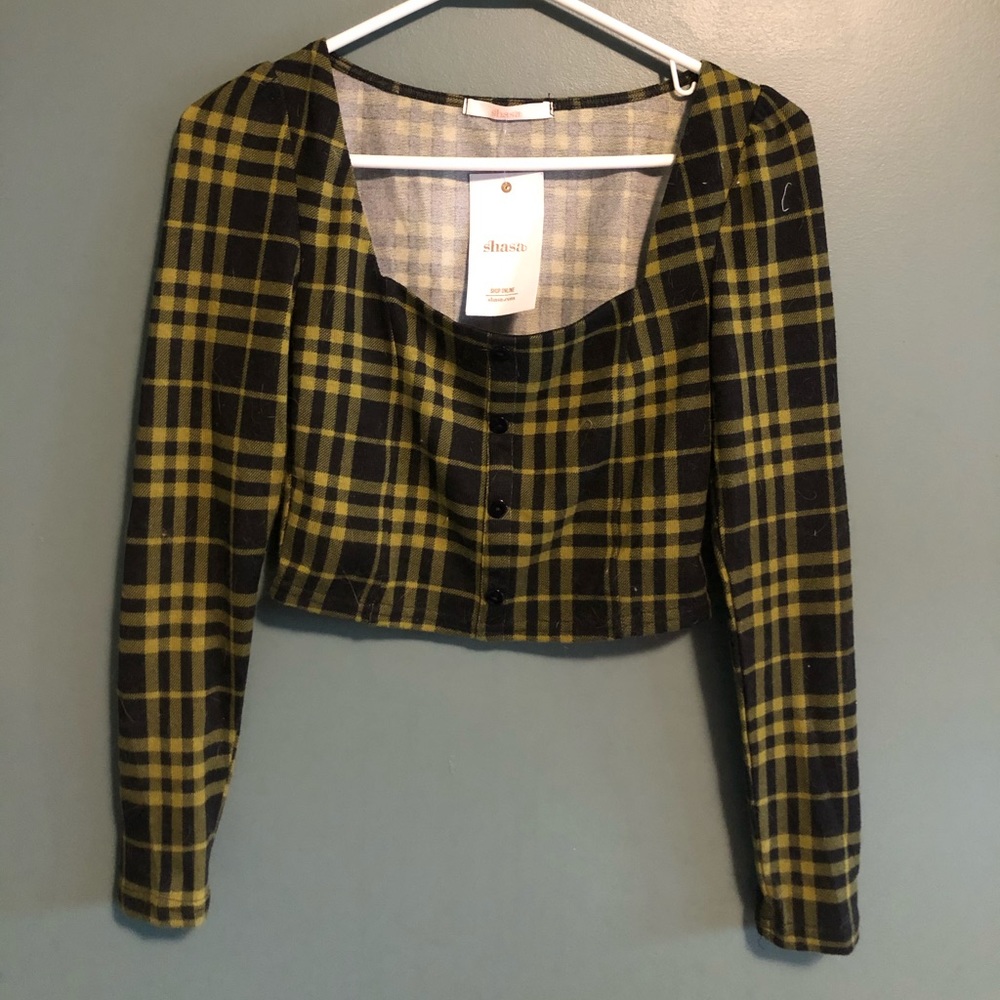 Cropped green and black plaid top
